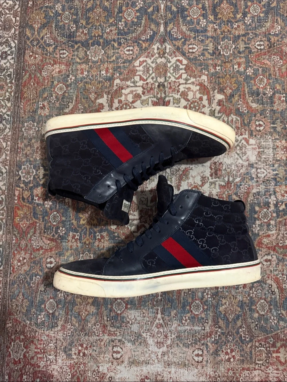 Men's ✨GUCCI ✨Navy High-Top Sneakers with Red & Blue Stripe  MADE IN 🇮🇹 ITALY